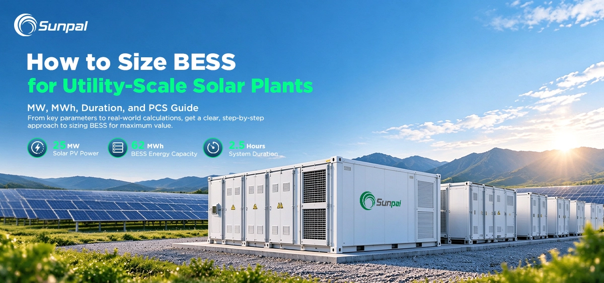 Promotional banner for a BESS sizing guide featuring Sunpal energy storage containers in a solar farm.
