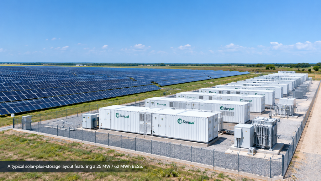 Aerial view of a solar panel farm integrated with Sunpal battery energy storage system (BESS) containers and transformers.