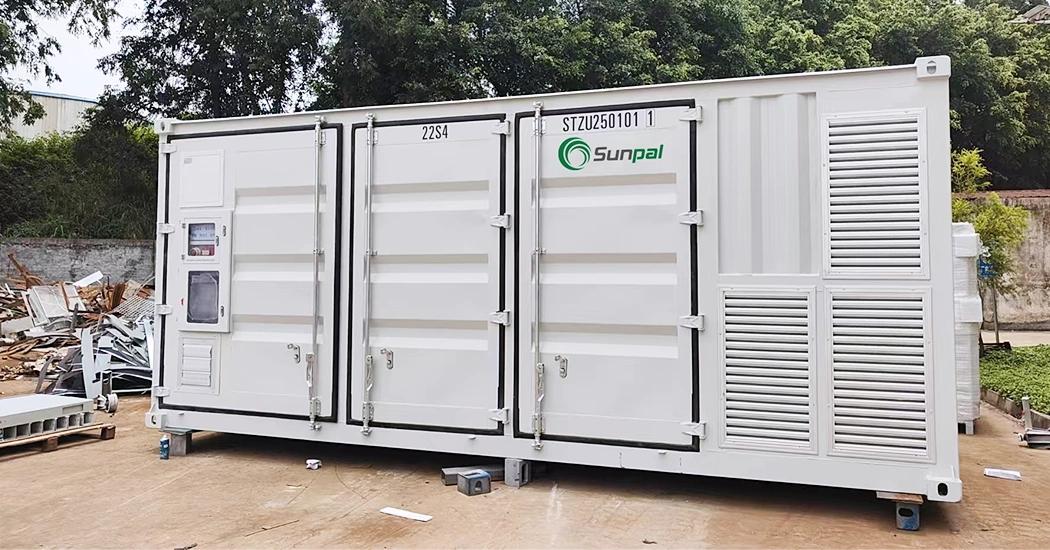 Exterior view of a white Sunpal containerized battery energy storage system (BESS).