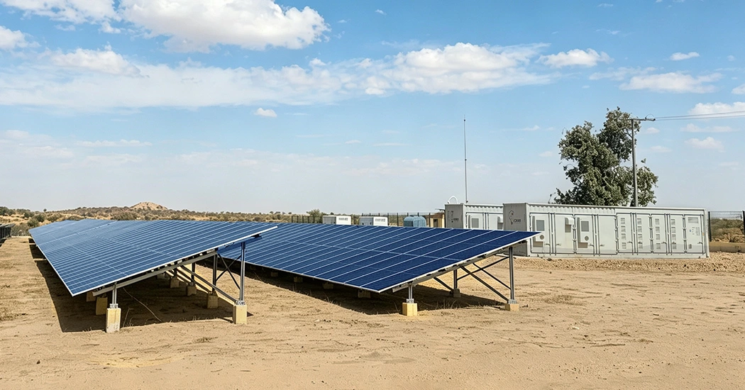 Ground-mounted solar PV array integrated with containerized battery energy storage systems in a desert microgrid project in Chad.