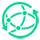 Green globe icon with interconnected network nodes and arrows.