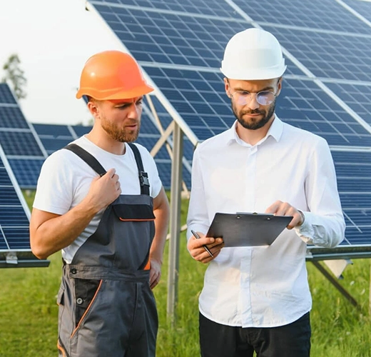 Engineers wearing hard hats discussing project technicalities in front of a solar panel array.