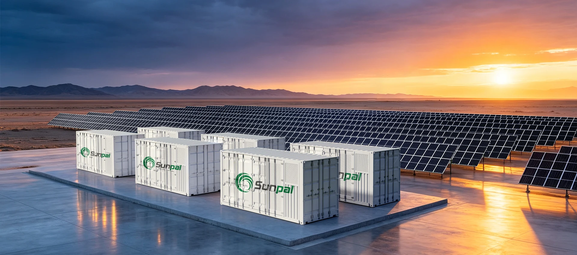 Battery storage containers installed beside a large solar panel array at sunset.