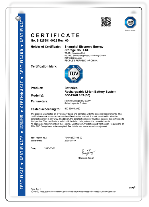 TÜV SÜD certificate document for rechargeable Li-ion battery system complying with IEC 63056:2020 standards.