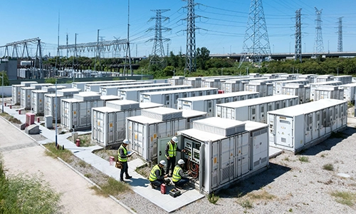 Engineers commissioning a large-scale containerized energy storage system at a power station.