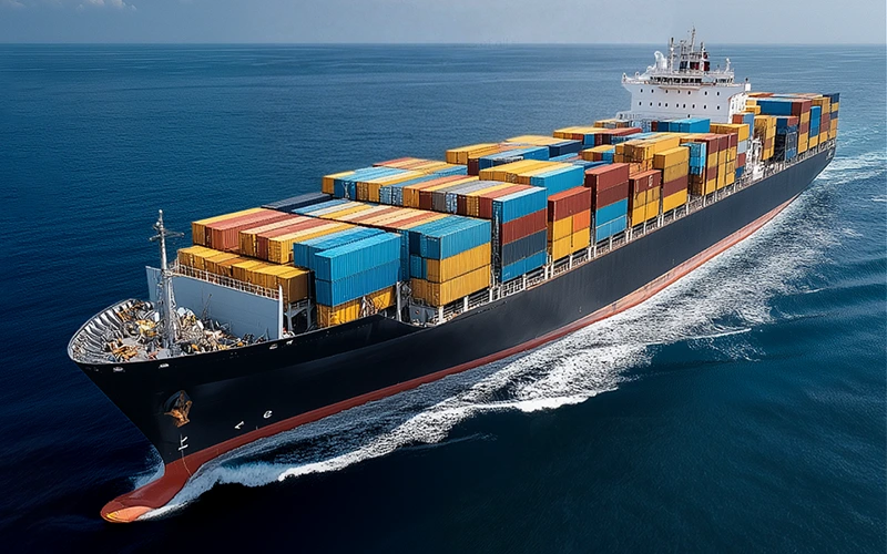 Large container vessel fully loaded with colorful freight containers navigating open sea.