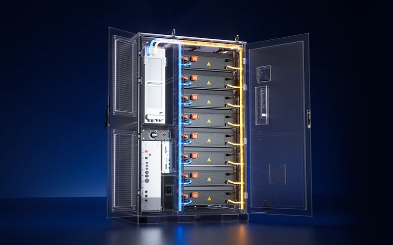 Open modular battery storage cabinet showing internal battery racks, control unit, and cooling lines.