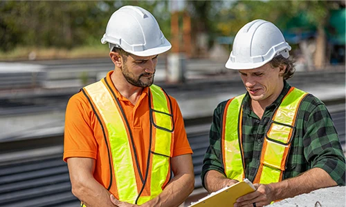 Two construction engineers in hard hats and safety vests review plans on a clipboard at an outdoor construction site.