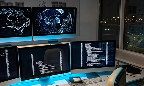 Multiple computer monitors displaying real-time system data, code, and global tracking maps in a dark control center.