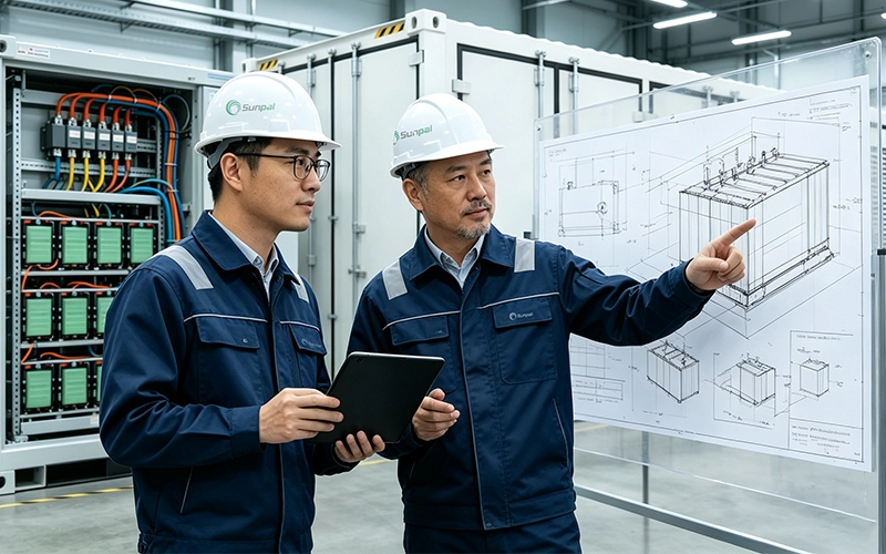Two engineers in Sunpal hardhats reviewing technical system schematics on site.