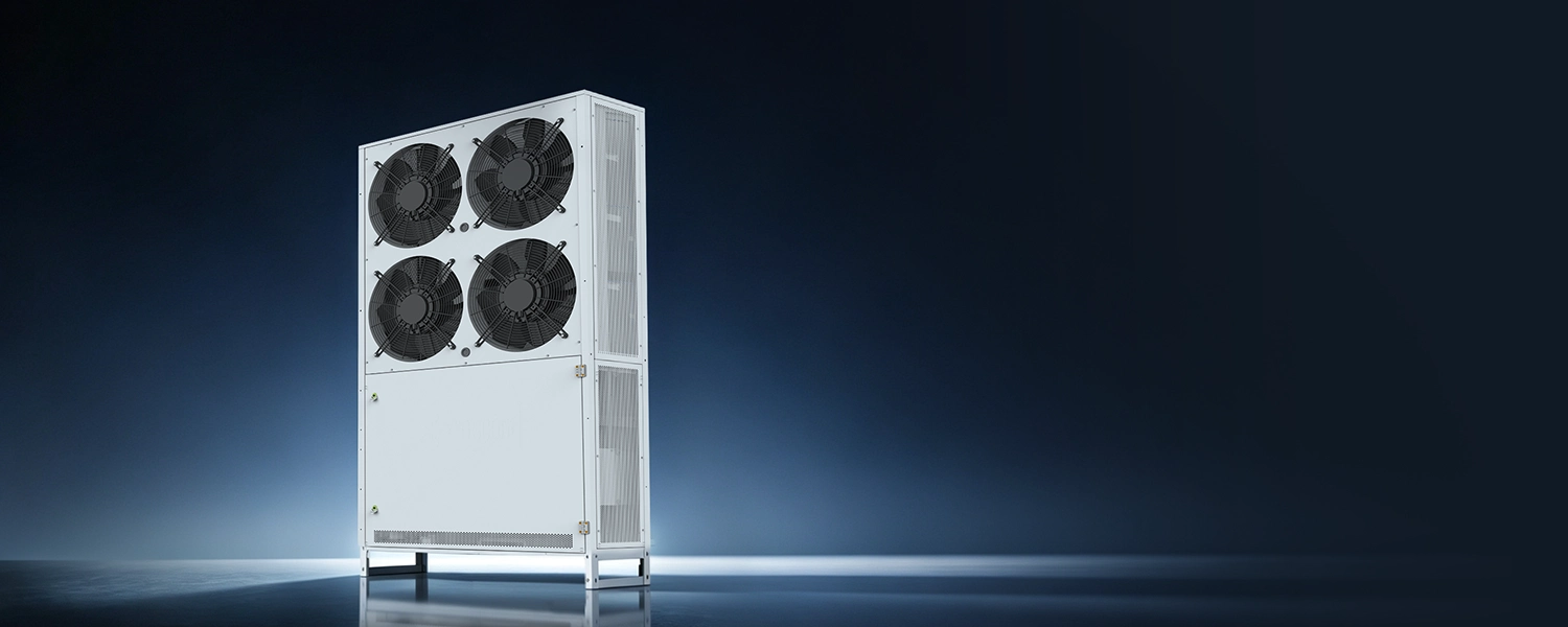 Industrial air-cooled air conditioning unit featuring four large cooling fans mounted on a white vertical cabinet against a dark gradient background.