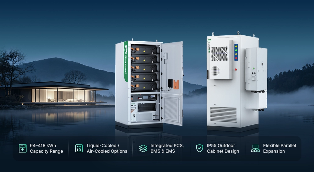 White and green All-in-One solar ESS cabinet with IP55 outdoor design, integrated PCS and BMS, positioned near a modern lakeside residence.