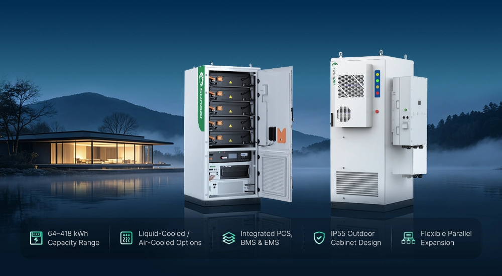 Two outdoor battery storage cabinets, one open to show internal components, with product features displayed below.