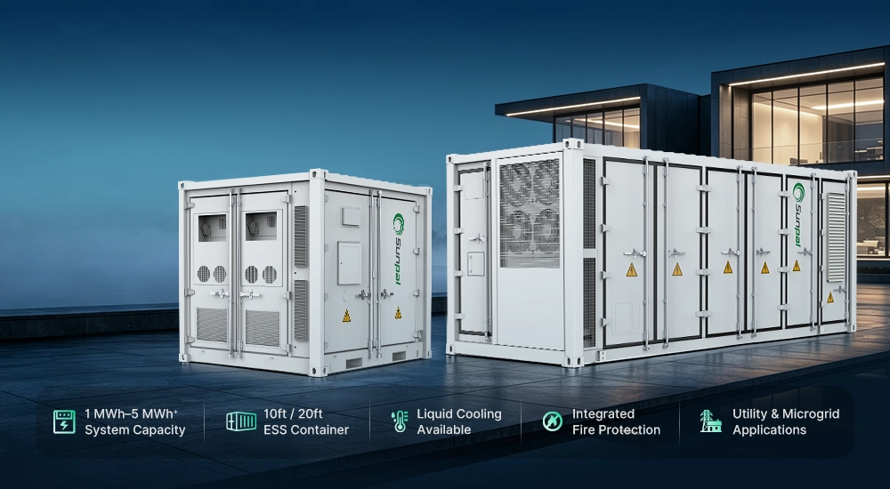 White, green, and dark grey Sunpal All-in-One ESS containers in 10ft and 20ft sizes for utility and microgrid solar energy storage.