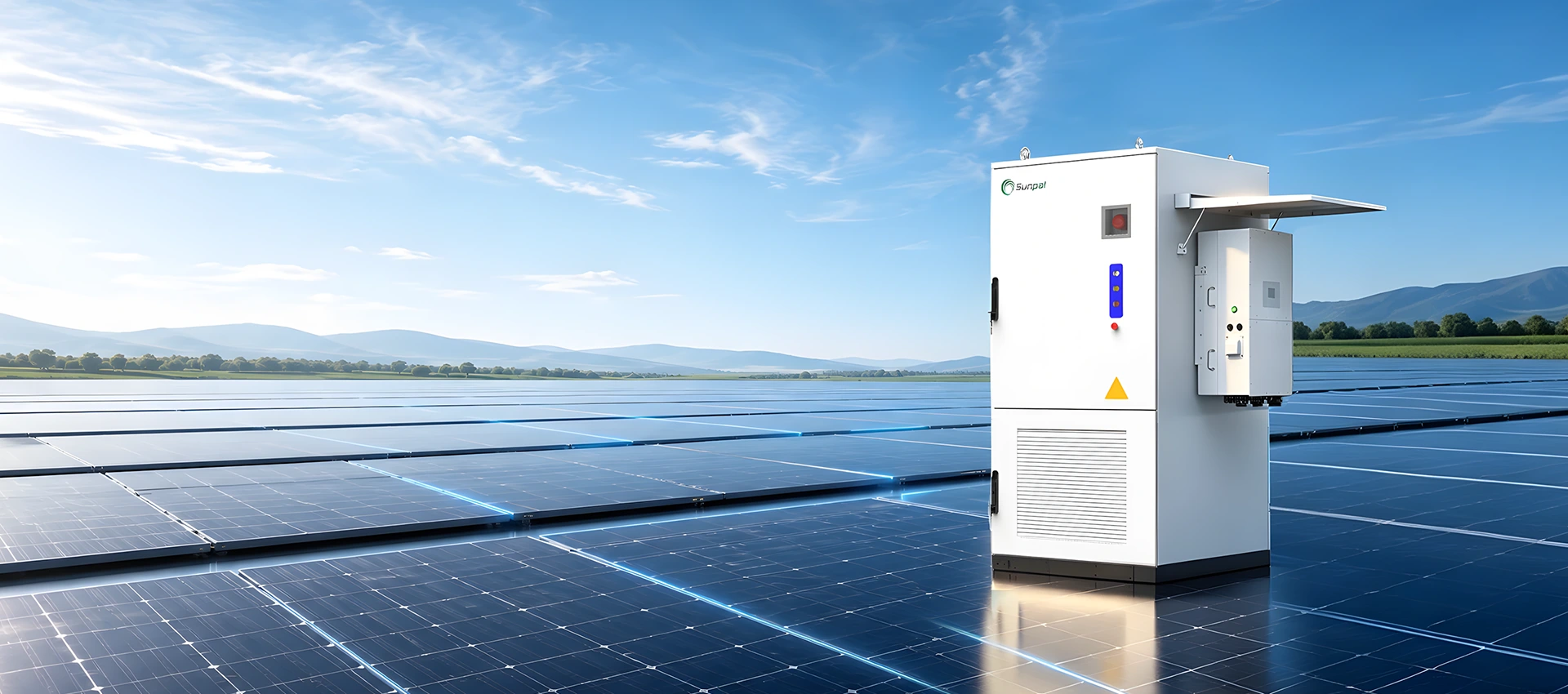 White energy storage cabinet positioned among solar panels under a blue sky.