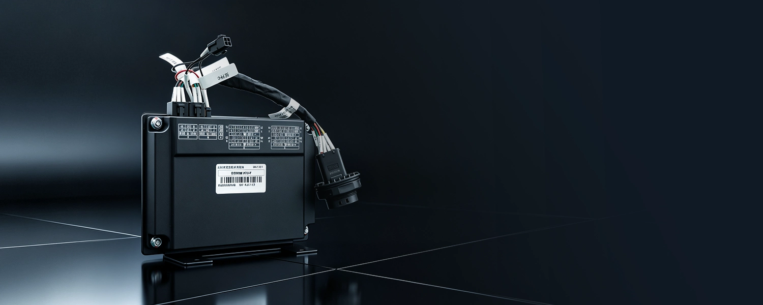 Black battery management system control module with connected wiring harness set on a dark reflective surface.