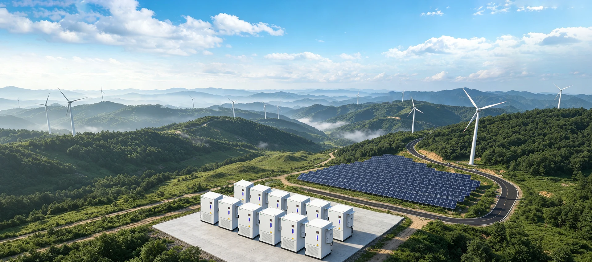 Aerial landscape view of modular BESS storage cabinets, a solar panel array, and wind turbines integrated across green hills under a bright blue sky.
