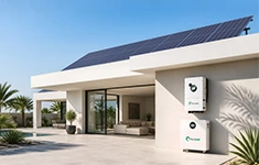 Modern residential house with rooftop solar panels and wall-mounted Sunpal inverter and battery storage unit.