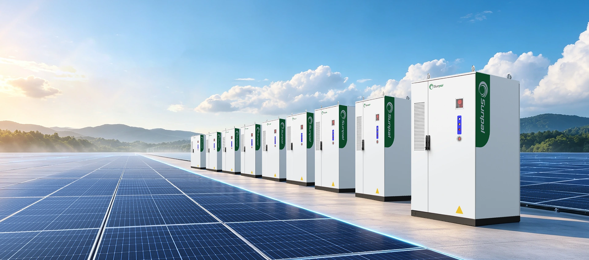 Row of white Sunpal energy storage cabinets installed alongside a large solar panel array under a clear blue sky.