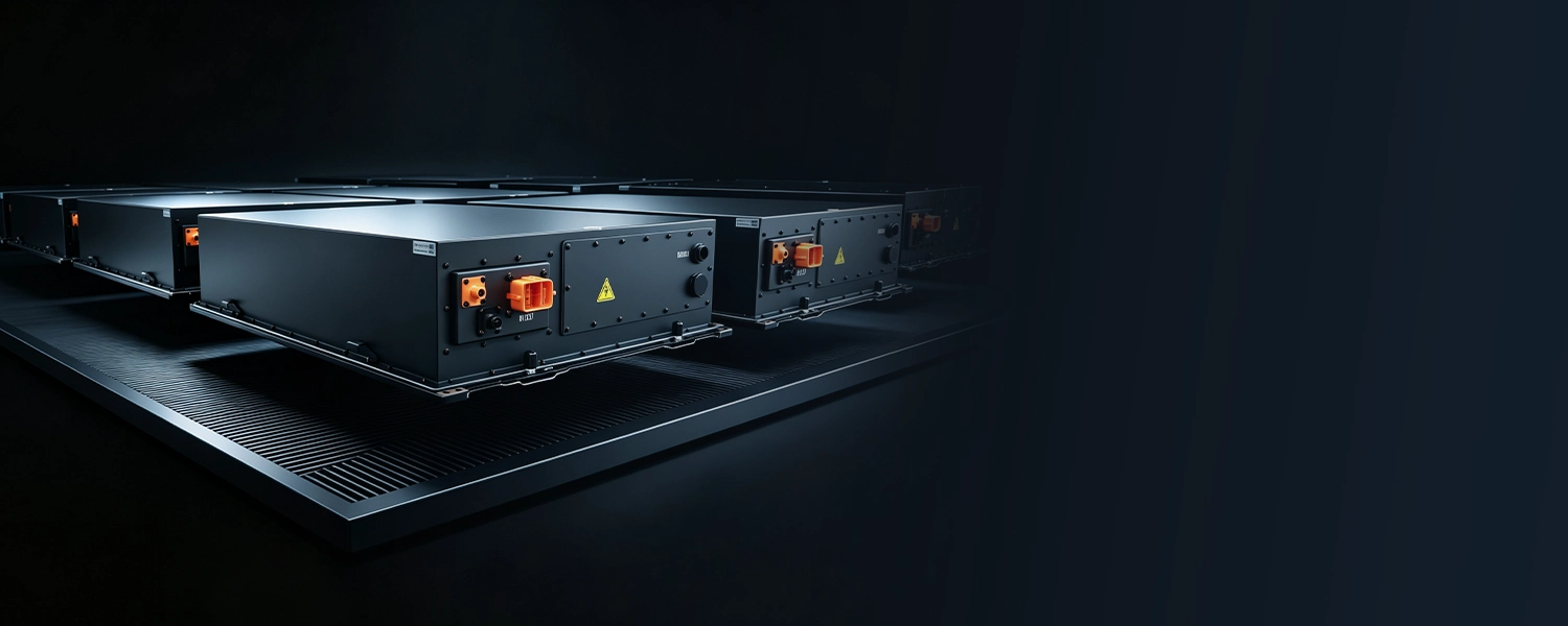 Modular lithium-ion battery packs lined up with visible high-voltage orange connectors and safety warning labels.