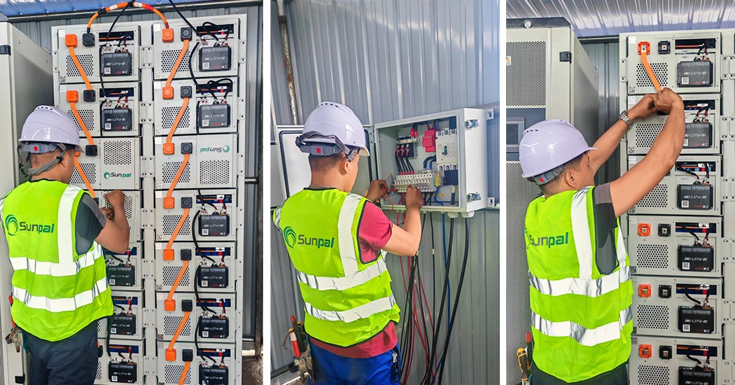 Three-panel collage showing engineers in safety vests connecting wiring on battery racks, inspecting an electrical box, and securing power cables.