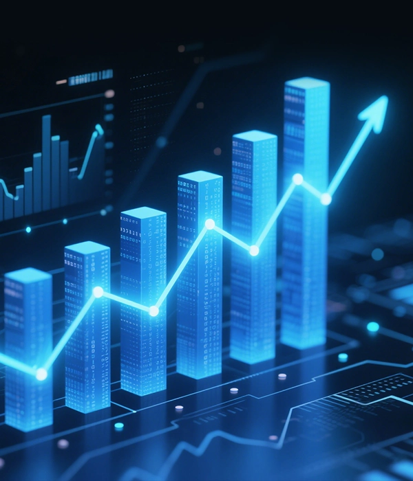Futuristic 3D data visualization featuring glowing blue 3D bar graphs and an upward-trending line arrow on a dark digital dashboard, representing energy performance metrics and financial ROI growth.