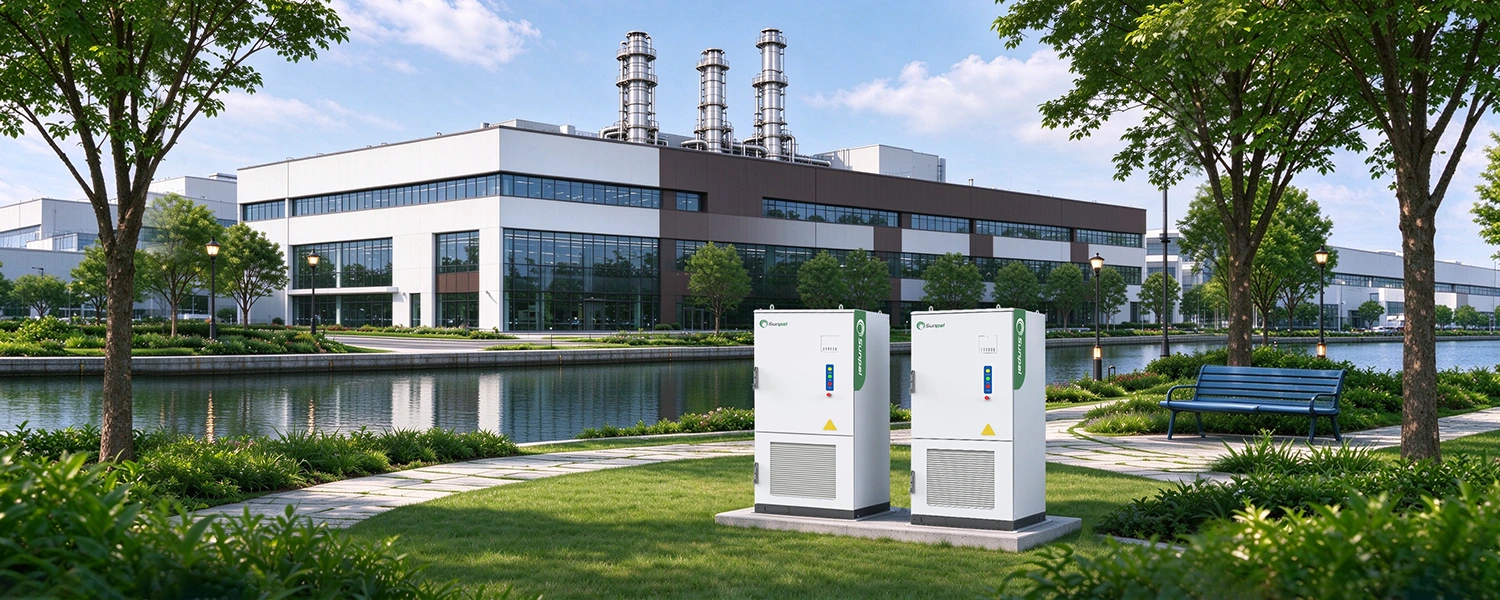 Two Sunpal BESS cabinets installed on a lawn beside a river near a modern industrial plant.