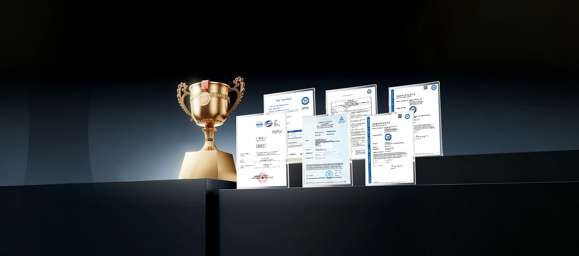 Gold trophy displayed alongside official testing reports and certificates of compliance.