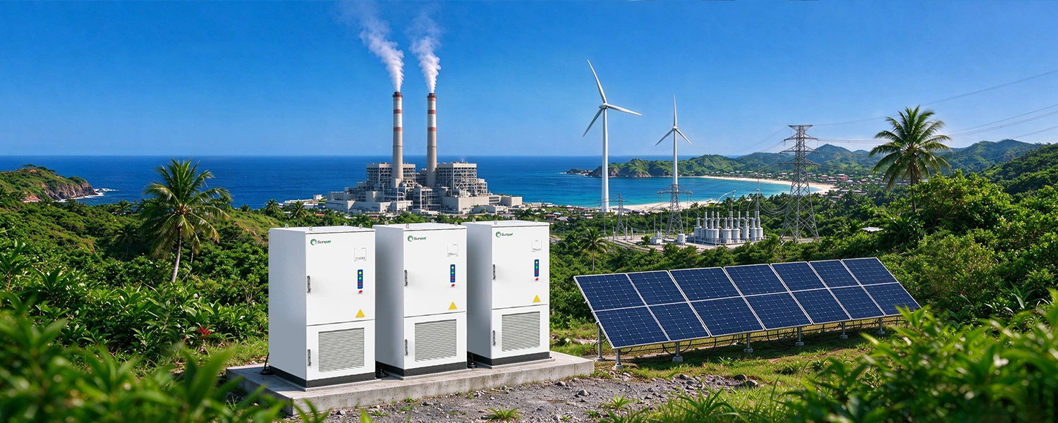 Three Sunpal BESS cabinets with solar panels, wind turbines, and a power plant in a coastal microgrid.