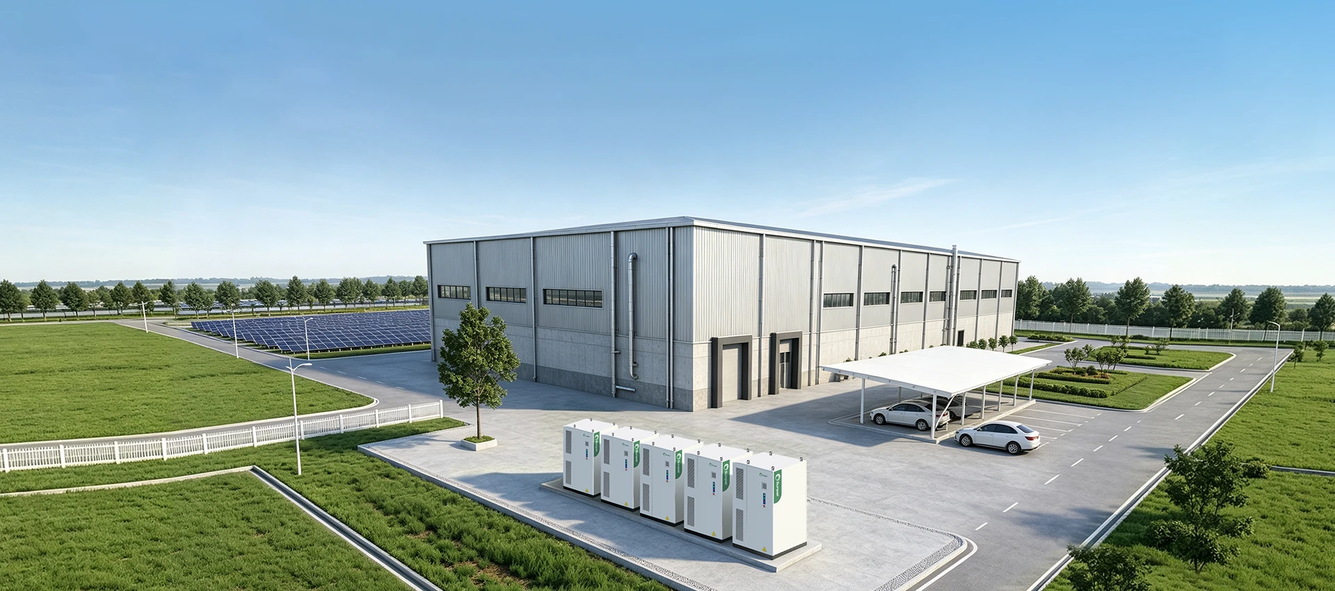 Commercial facility with outdoor battery energy storage cabinets and a ground-mounted solar array, illustrating C&I demand charge management.