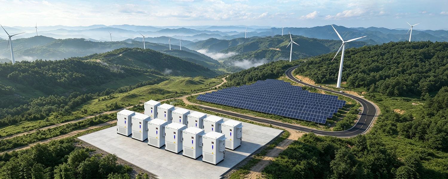 Aerial landscape view of modular battery cabinets integrated with a solar farm and wind turbines.