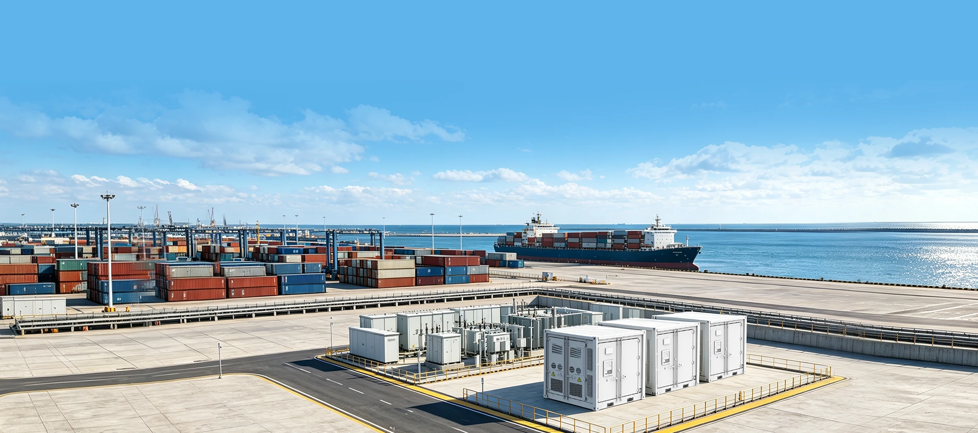 Containerized battery energy storage system (BESS) installed at a commercial port terminal with cargo ships and containers in the background.