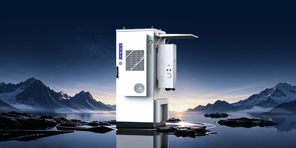 Sunpal ECO-B100/120WP-2H outdoor commercial energy storage cabinet with side-mounted inverter enclosure, depicted on a platform surrounded by water and mountain peaks at twilight.