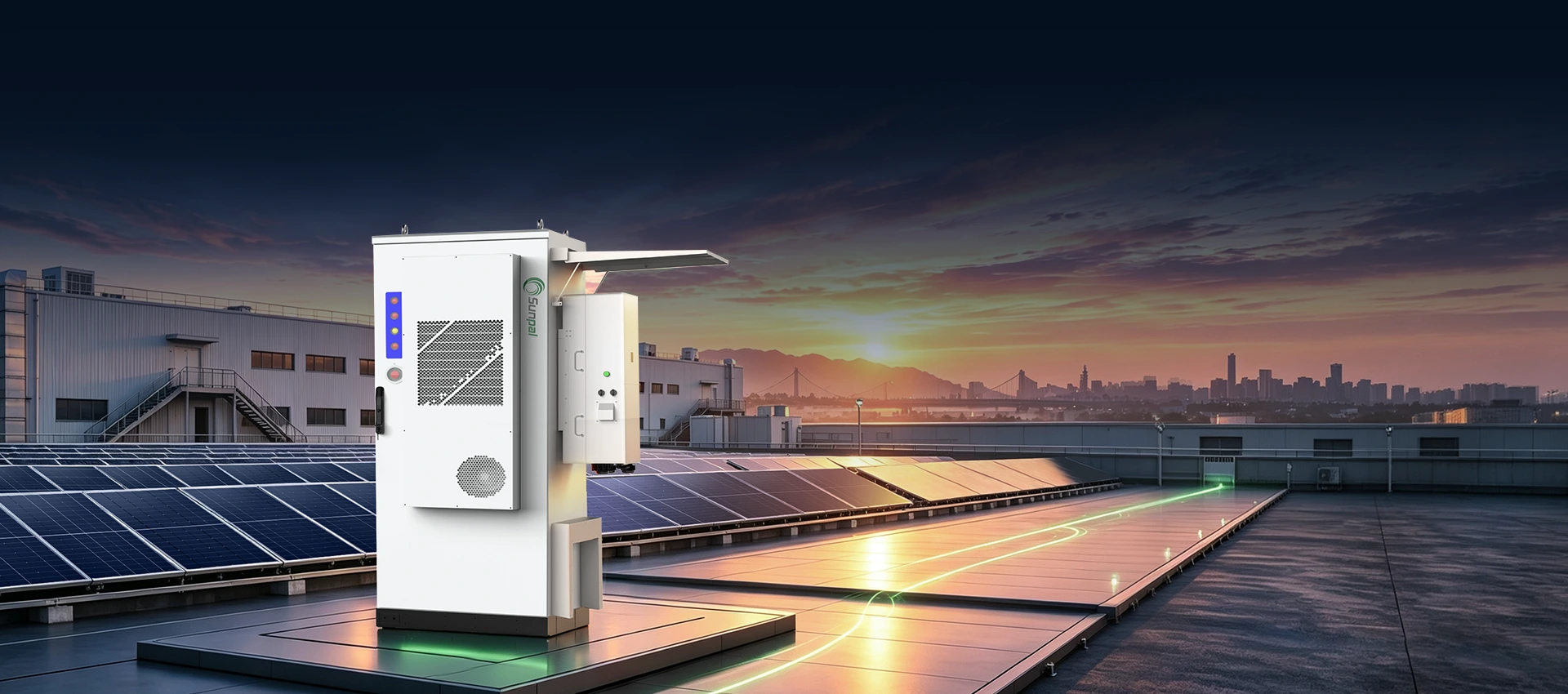 Sunpal ECO-B100-120WP-2H energy storage cabinet installed on an industrial rooftop beside a solar panel array against a sunset skyline.