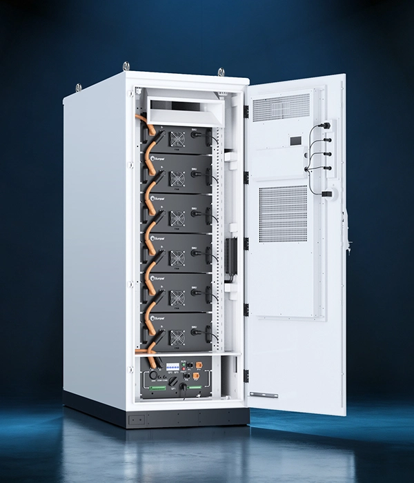 Studio shot of an open ECO-B100-120WP-2H battery cabinet revealing vertically stacked battery modules, control panel, and door-integrated cooling unit on a dark background.