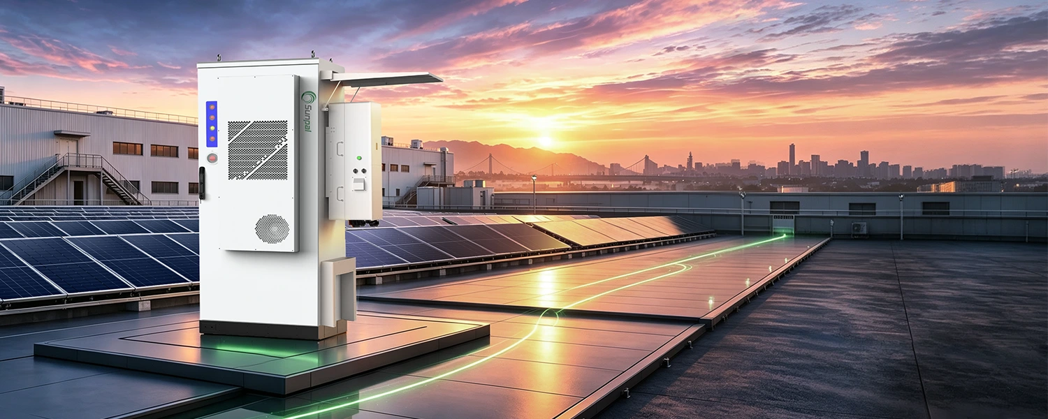 3D rendering of a white Sunpal ECO-B100-120WP-2H outdoor energy storage cabinet with side-mounted electrical box installed on a commercial rooftop solar facility at sunset.