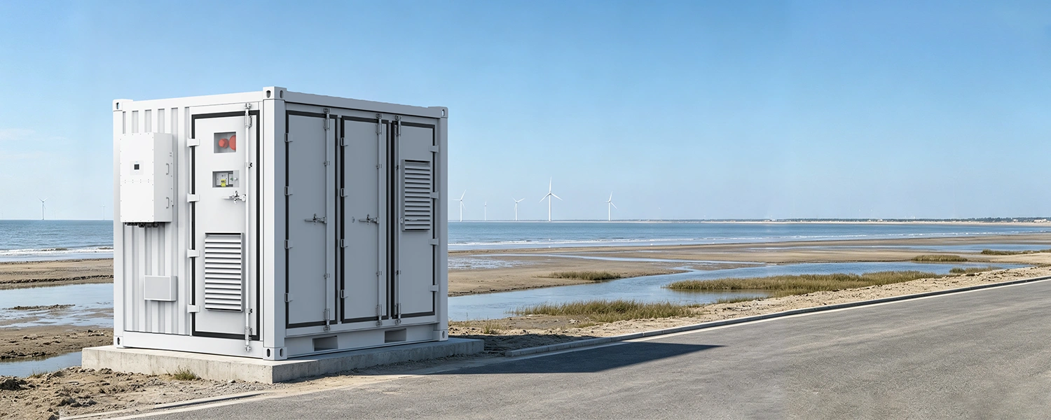 Sunpal ECO-B10FT723LP-2N 10ft containerized battery energy storage system installed on a concrete foundation along a coastal road with offshore wind turbines in the distance.