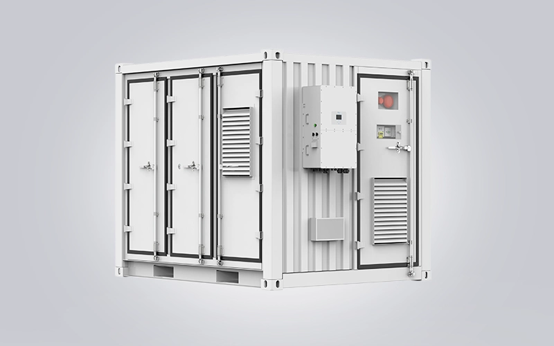 Rear-three-quarter view of the white 10-foot containerized energy storage system, highlighting the back access doors and control panel enclosure.