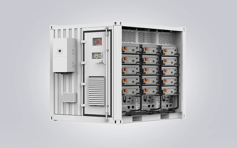 Front-three-quarter view of the white 10-foot energy storage container with its main doors open, displaying neatly organized internal battery module racks and wiring.