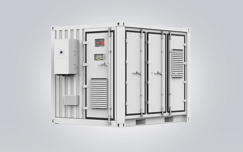 Front-three-quarter view of a white 10-foot containerized energy storage system featuring access doors, ventilation louvers, and a side-mounted inverter enclosure.
