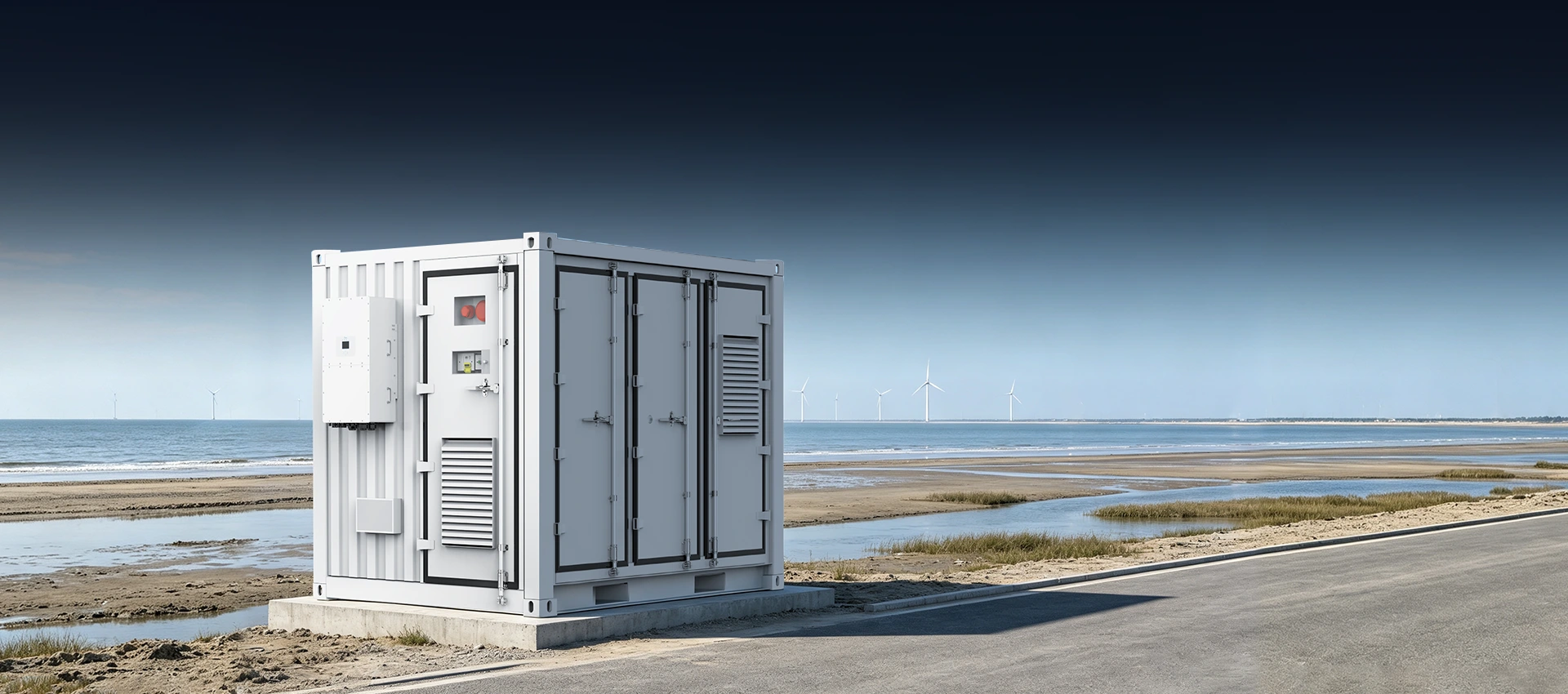 A white 10-foot containerized energy storage system installed on a concrete pad near a coastal road, with offshore wind turbines visible in the background.
