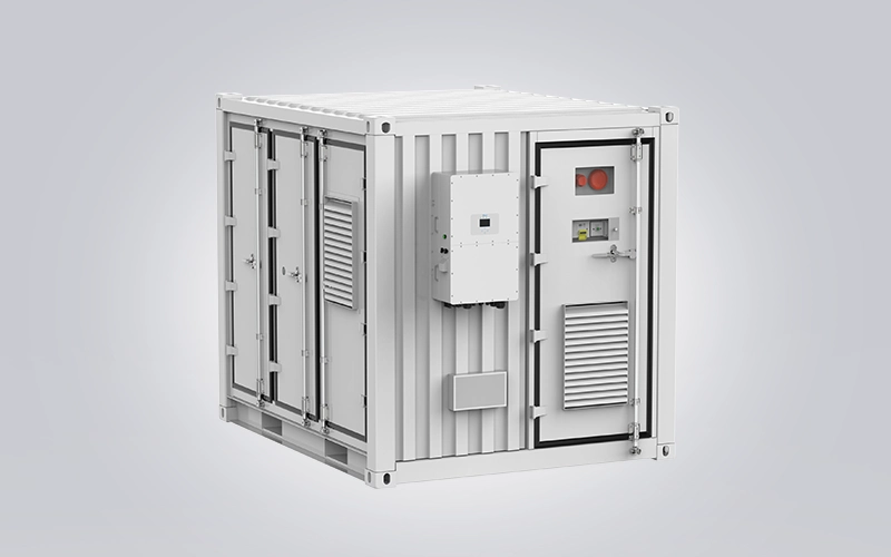 Side-angle view of the white 10-foot ECO-B10FT723LP-2N containerized energy storage system, showing the control module and access doors.