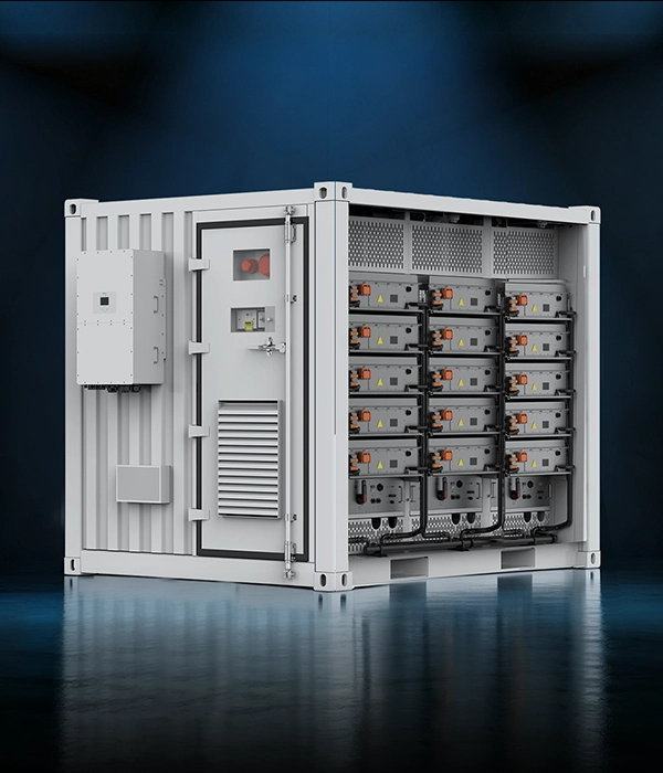 3D product render of the white 10-foot energy storage container against a dark studio background, showing open side doors revealing internal battery racks and external control box.