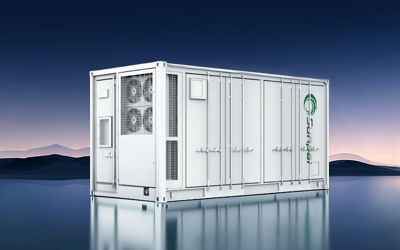 3D rendering of a white Sunpal ECO-B20FT5015LP-2N 20ft containerized energy storage system featuring multi-door access and integrated cooling fans, reflected on a smooth dark surface.
