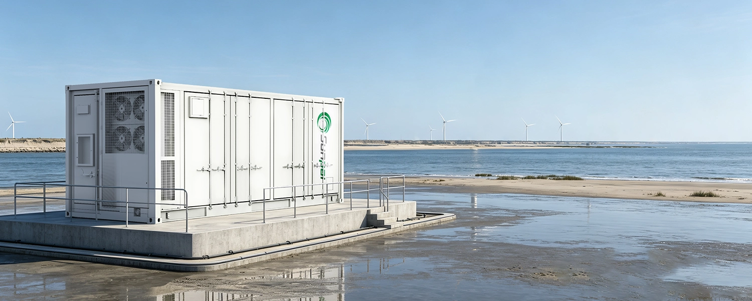 Sunpal ECO-B20FT5015LP-2N 20ft containerized battery energy storage system installed on an elevated concrete platform in a coastal area with wind turbines in the background.