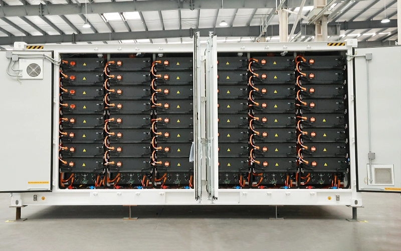 Open container view of the Sunpal ECO-B20FT5015LP-2N displaying multi-tier high-density battery racks, cabling connections, and safety management units.