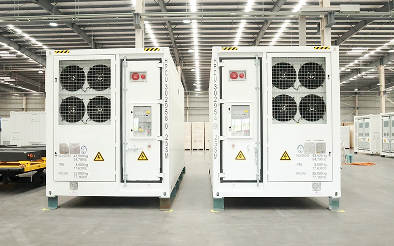 Left side profile view of two Sunpal 20-foot energy storage containers showing cooling fan exhausts, control panels, and weight specifications.