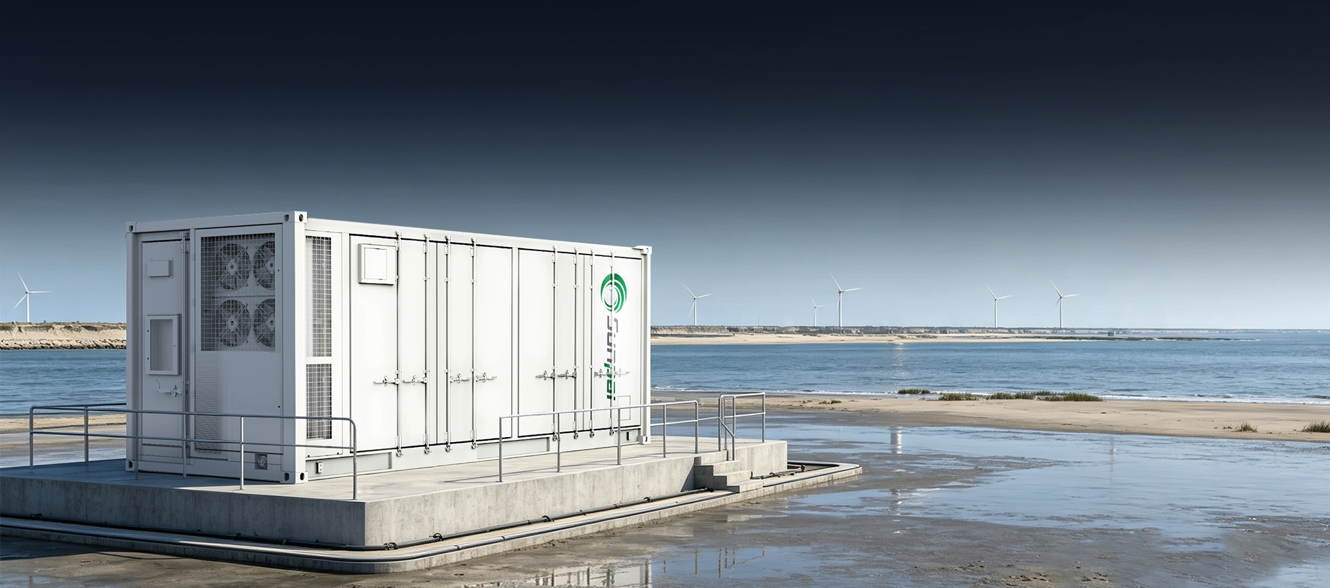 3D perspective render of the white Sunpal ECO-B20FT5015LP-2N energy storage container installed on a coastal platform with wind turbines in the background.