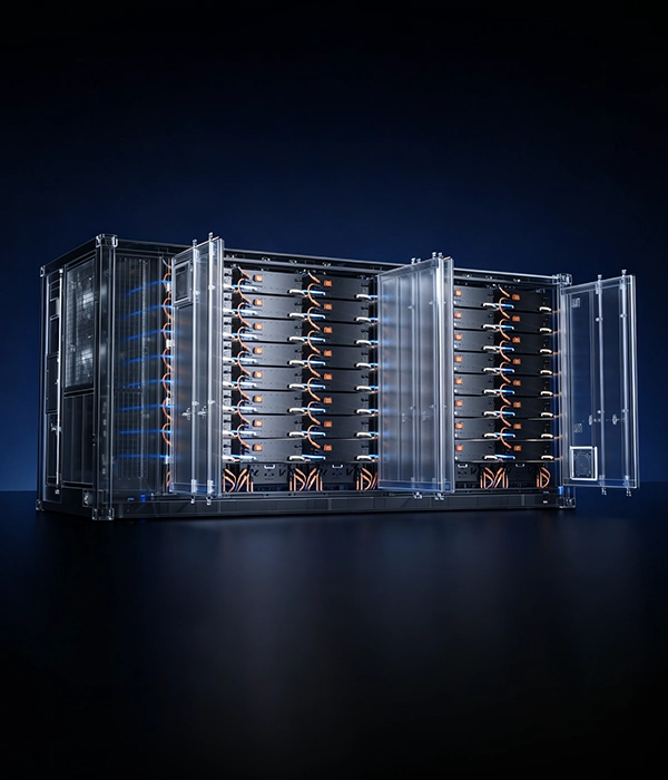 Studio 3D render of the Sunpal ECO-B20FT5015LP-2N container with a semi-transparent shell, revealing battery racks, liquid cooling airflow pathways, and internal wiring.