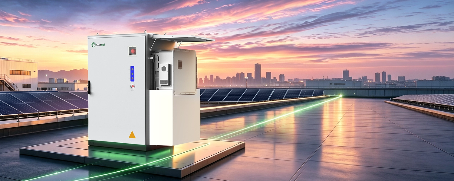 3D rendering of a white Sunpal ECO-B241WP-2H commercial energy storage cabinet with side canopy and control box, deployed on a rooftop solar facility at sunset.